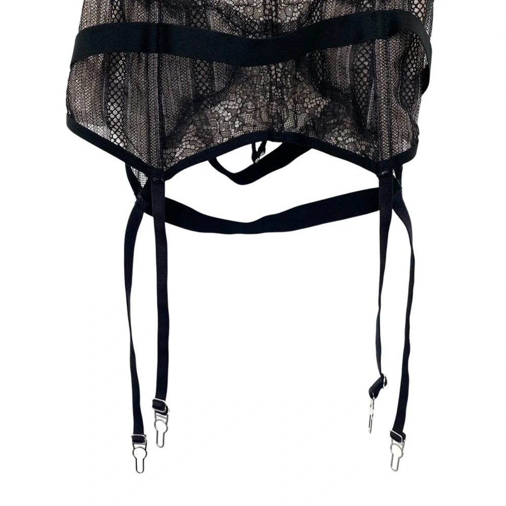 Victoria’s Secret Black Lace Halter Corset Chemise With Garter Belt Lingerie